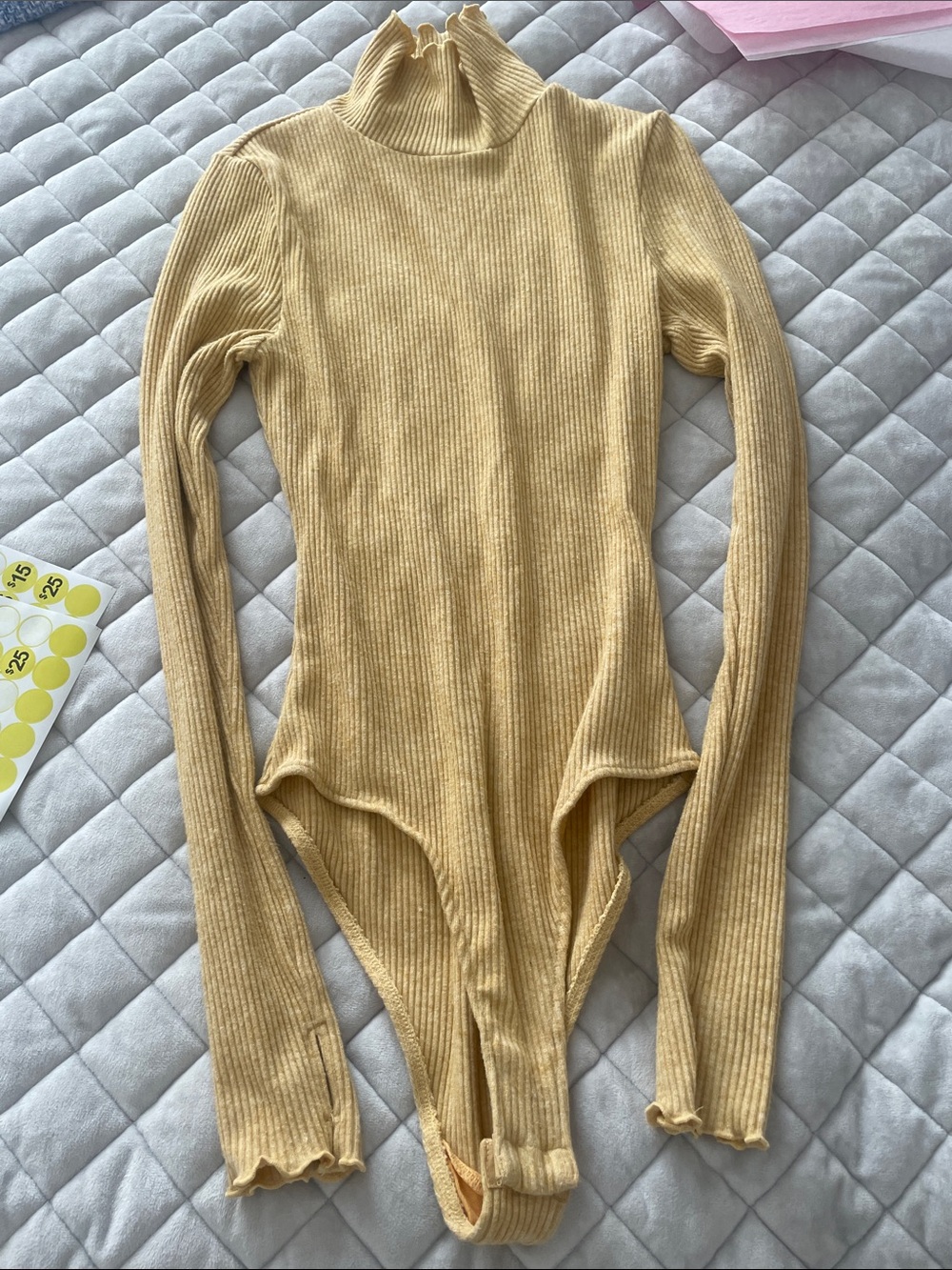 Free People Ribbed Long Sleeve Turtleneck Bodysuit in Mustard Yellow